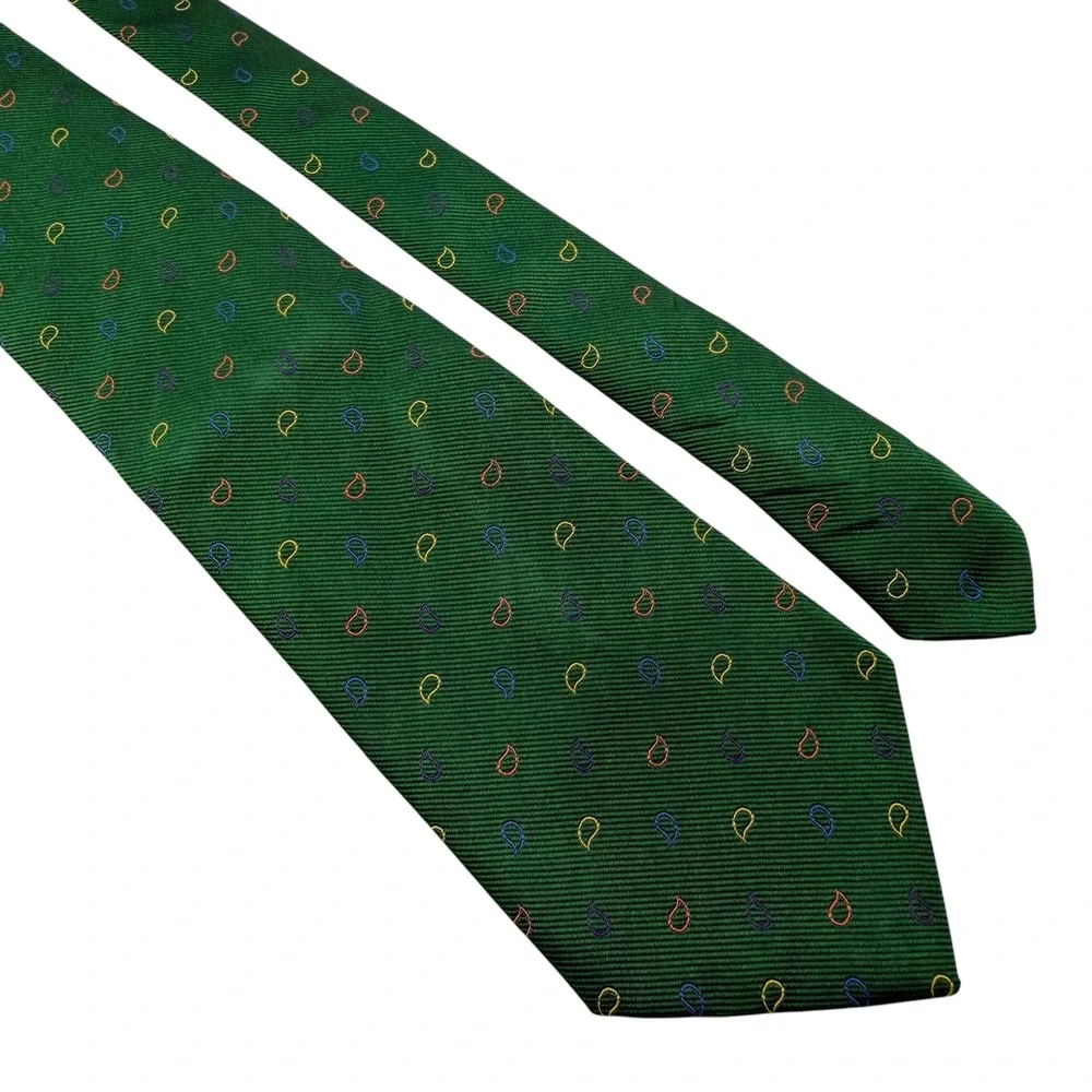 Turnbull & Asser Mens Silk Tie Green Multicolor Paisley Hand Made England 3.75in